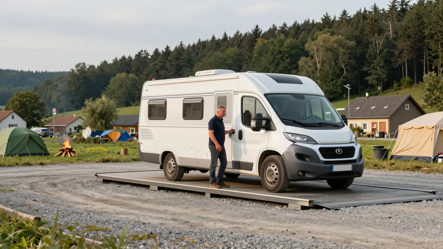 Ein weißes Wohnmobil steht auf einer großen Fahrzeugwaage in einem Kieswerk, daneben ein Mann um die fünfzig
