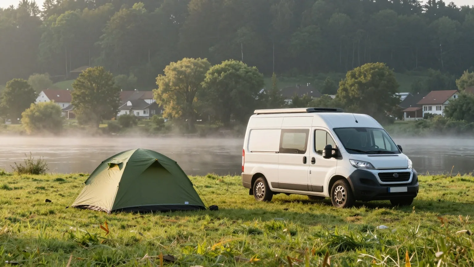 Ein kleines grünes Kuppelzelt und ein weißer Campingbus nebeneinander auf einer Flusswiese bei Sonnenaufgang mit Nebel