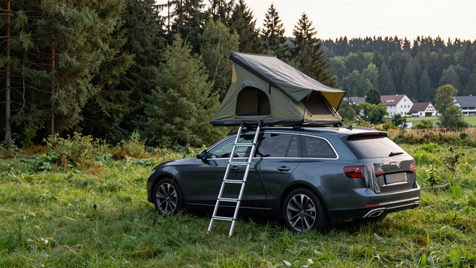 Ein aufgeklapptes Dachzelt mit grauem Stoff auf einem dunklen Kombi auf einer Waldlichtung bei Sonnenaufgang, davor eine Leiter