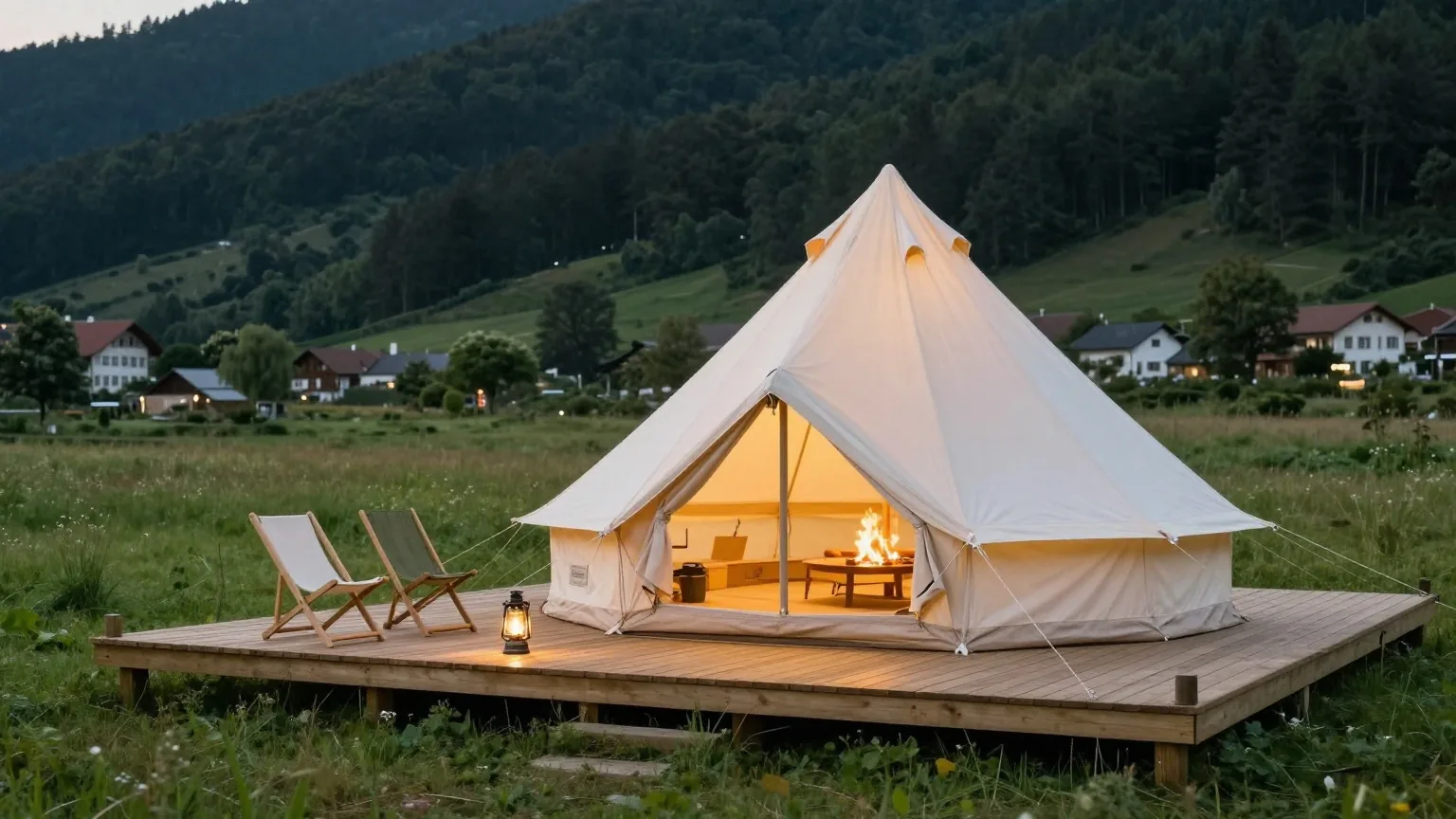 Ein rundes Baumwollzelt auf einer erhöhten Holzterrasse am Rand einer Campingwiese, innen warmes Licht, davor Stühle und Laterne