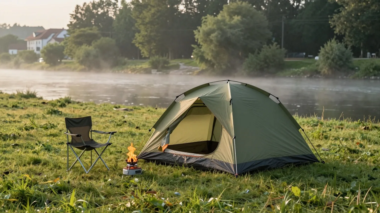 Ein kleines Kuppelzelt auf einer Campingwiese am Fluss in der Morgendämmerung, Nebel über dem Wasser, davor Stuhl und Kocher