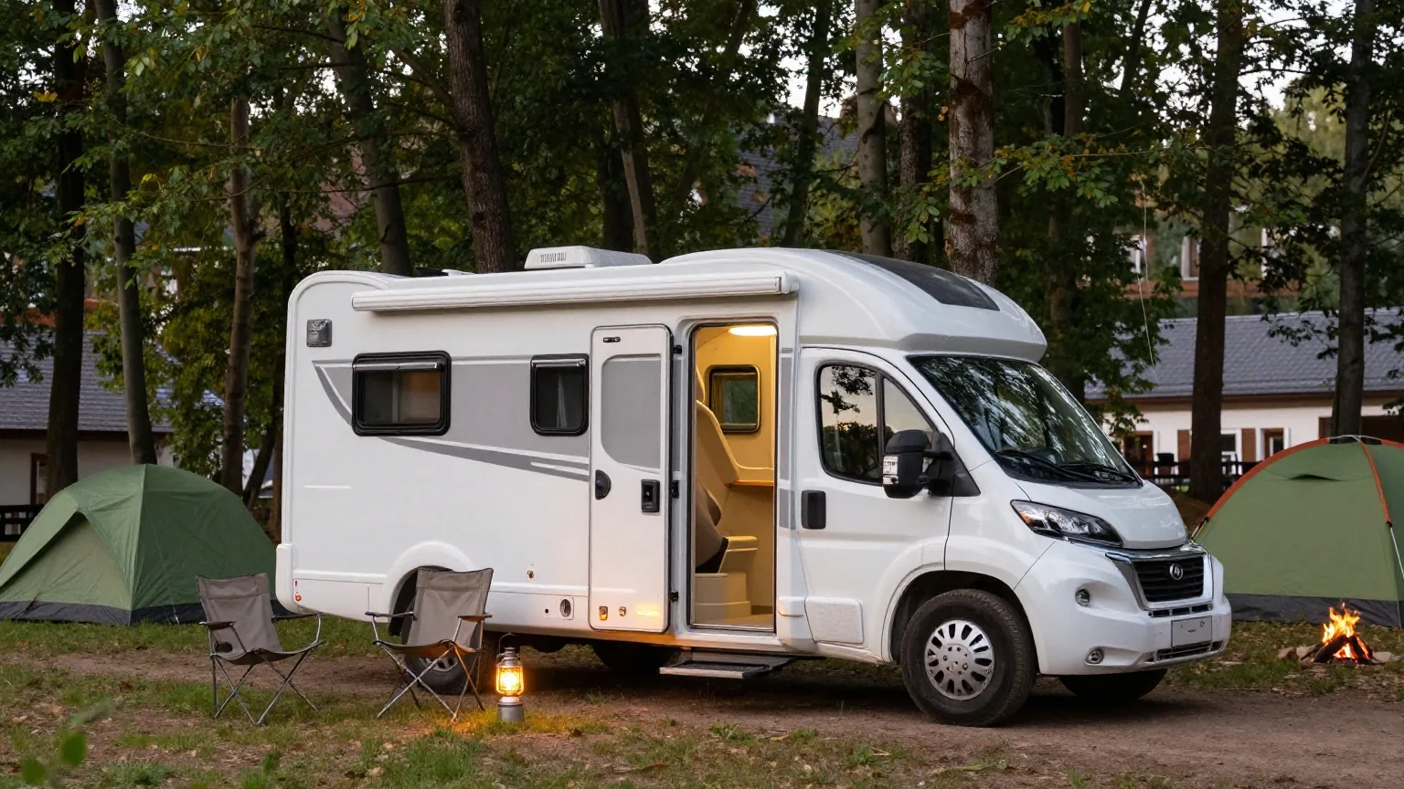 Ein weißes Wohnmobil am Rand eines Buchenwaldes am Abend, vor der offenen Seitentür zwei Campingstühle und eine Laterne