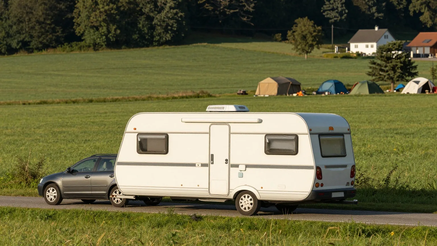 Ein weißer Wohnwagen hängt an einem dunklen Kombi auf einer ruhigen Landstraße zwischen grünen Feldern