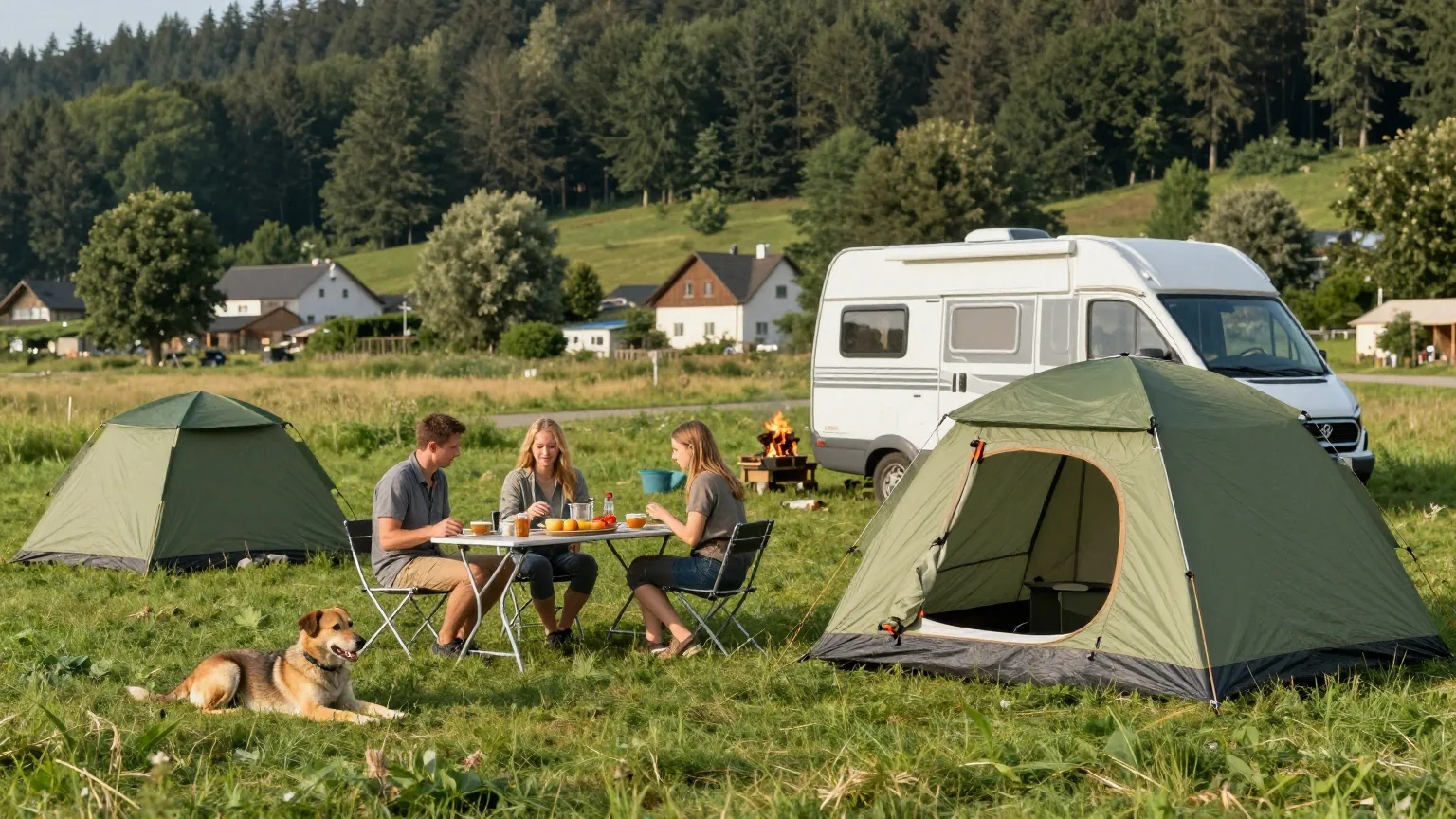 Ein Familienzelt und ein Wohnwagen auf einer sonnigen Wiese, Erwachsene decken den Frühstückstisch, ein Hund liegt im Gras