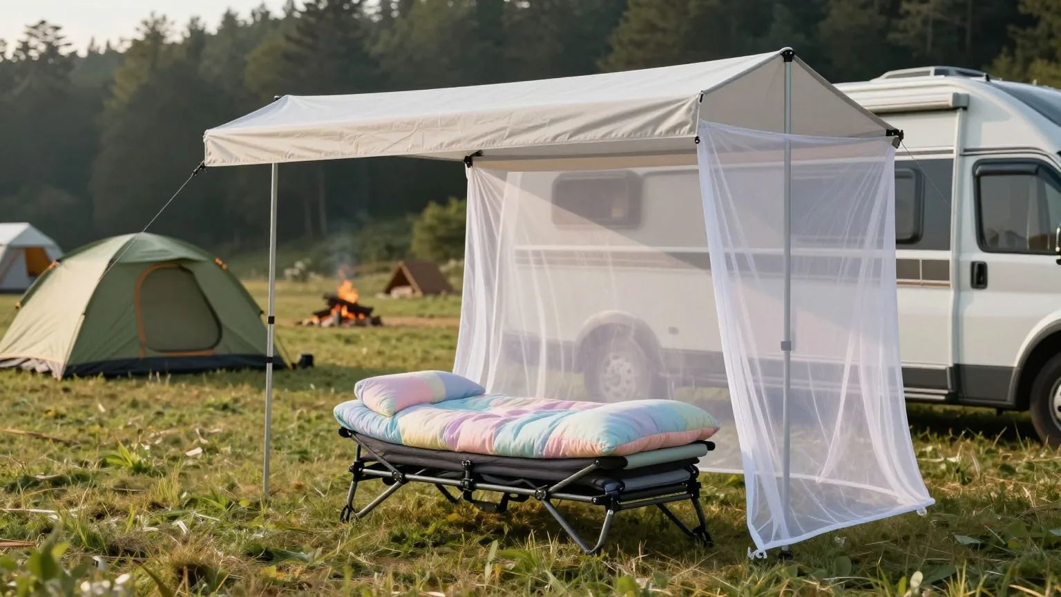 Unter dem Vorzelt eines Wohnwagens stehen ein Reisebett, ein heller Schlafsack und ein weißes Moskitonetz im Morgenlicht