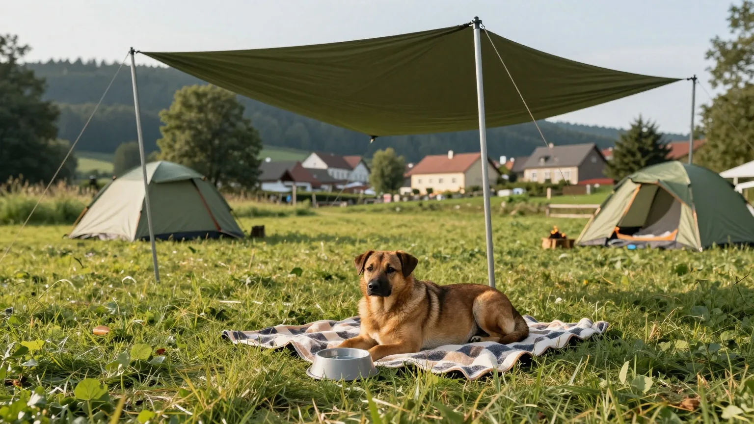 Ein mittelgroßer brauner Hund liegt im Schatten eines Vorzelts auf einer Decke, daneben steht ein Wassernapf