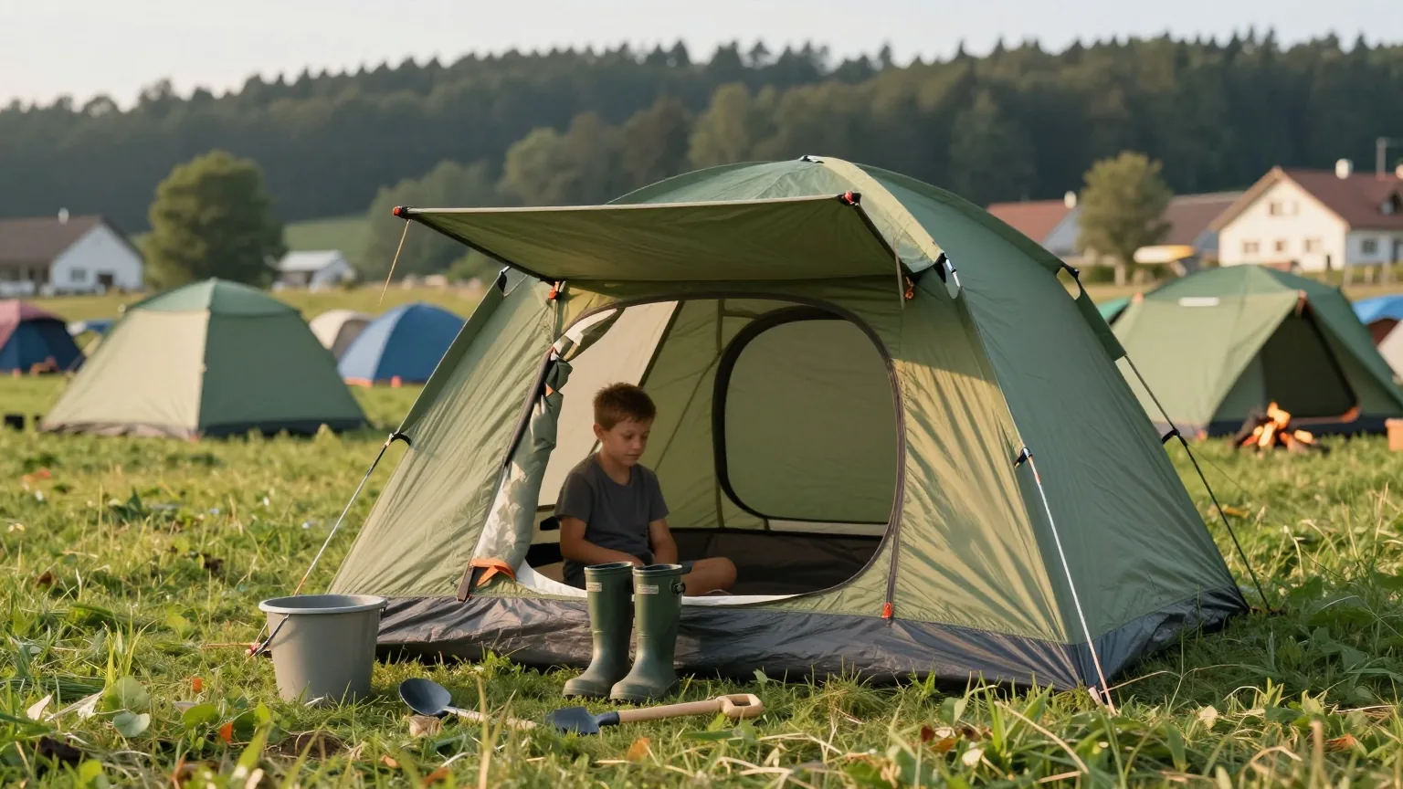 Ein geräumiges Familienzelt mit offenem Vorzelt auf einer Wiese, davor kleine Gummistiefel, ein Sandeimer und eine Schaufel