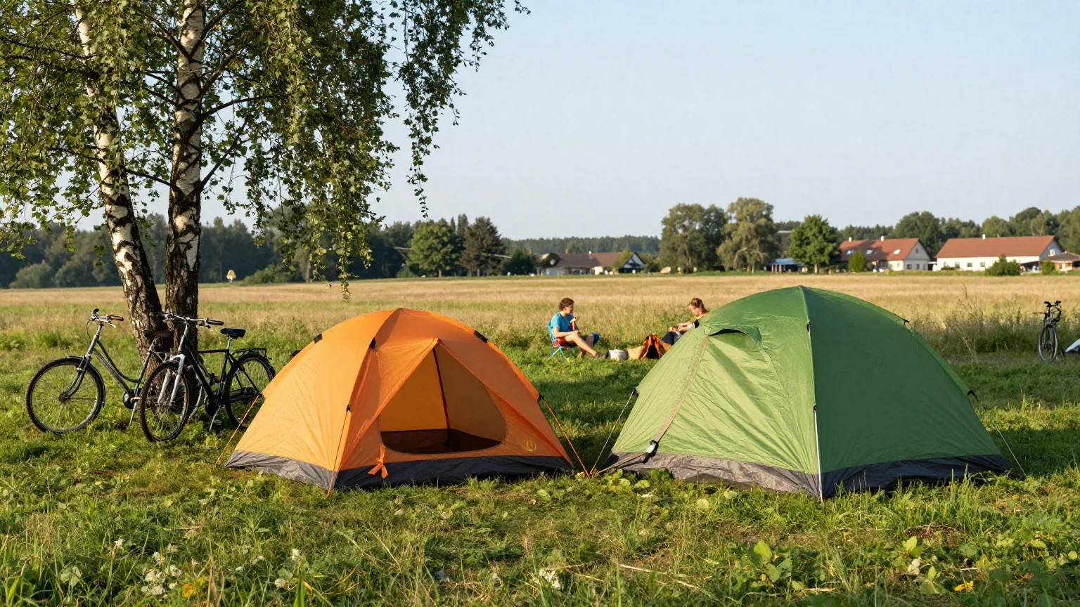 Ein kleines oranges Zelt neben einem großen grünen Familienzelt auf einer sonnigen Wiese, zwei Fahrräder lehnen an einer Birke