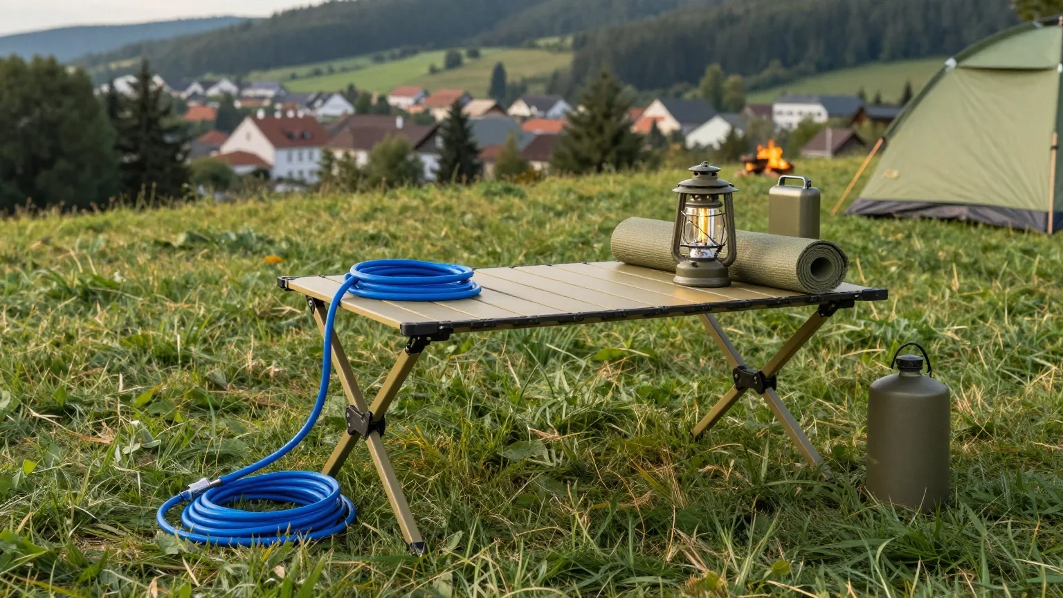 Klapptisch auf einer Wiese mit aufgerolltem blauem Stromkabel, Isomatte, Laterne und Wasserkanister im Nachmittagslicht