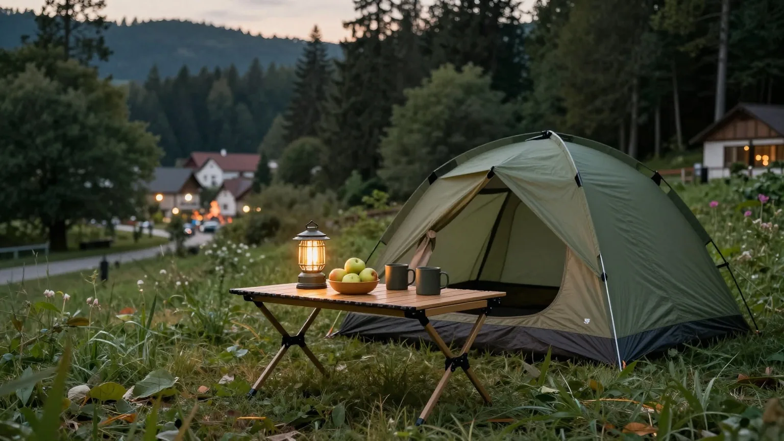 Ein Campingtisch vor einem Zelt in der Dämmerung mit Laterne, Apfelschale und zwei Tassen