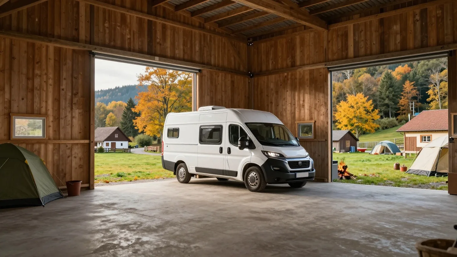 Ein weißes Wohnmobil steht im Spätherbst in einer großen Scheune auf einem Bauernhof