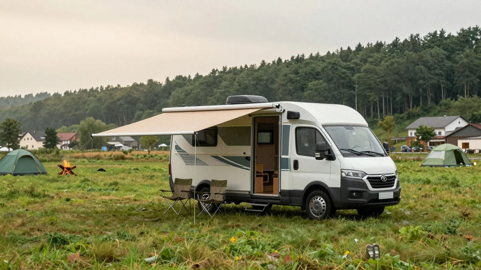 Ein Wohnwagen mit Vorzelt steht bei leichtem Regen auf einer Wiese, darunter stehen Klappstühle
