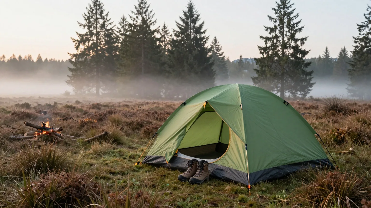 Ein kleines grünes Zelt auf einer Heidelichtung im Morgennebel, davor ein Paar Wanderschuhe
