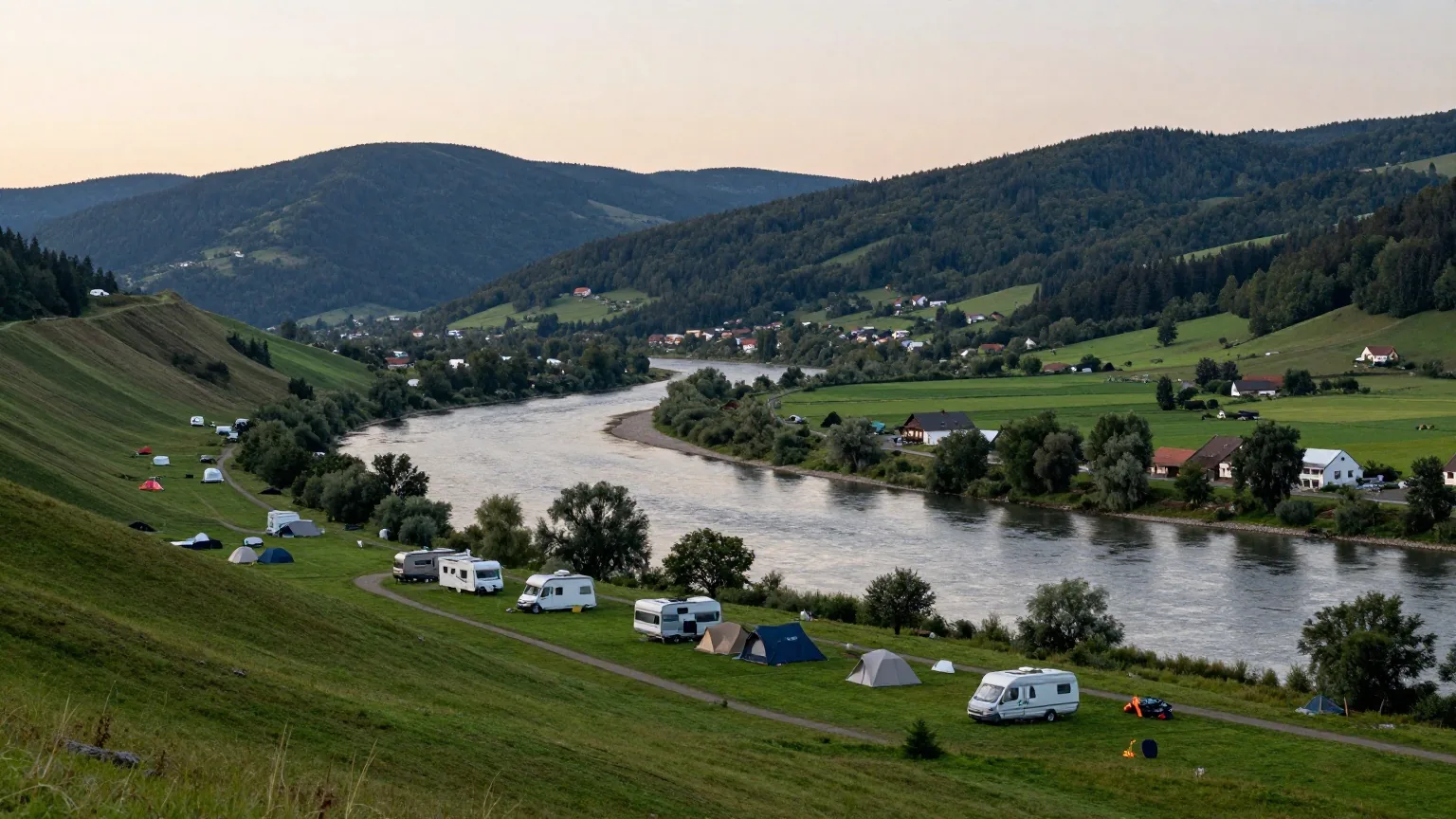 Ein weites grünes Flusstal in der Abenddämmerung mit einem kleinen Campingplatz am Wasser und bewaldeten Bergen am Horizont