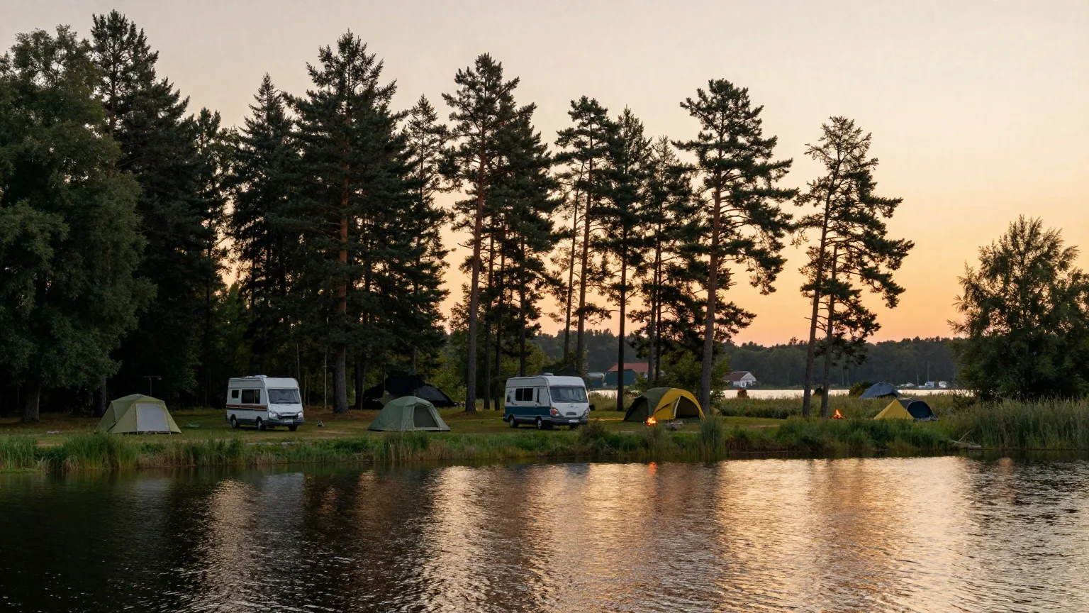 Ein ruhiger Campingplatz an einem See im Flachland bei Sonnenuntergang, Zelte und ein Wohnwagen unter hohen Kiefern