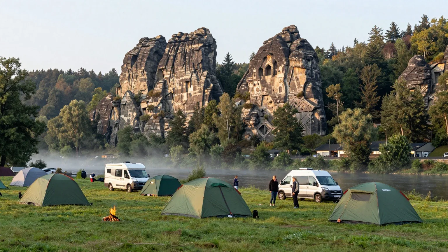 Ein Campingplatz am Fluss im Morgengrauen, dahinter Sandsteinfelsen und bewaldete Klippen, Nebel über dem Wasser