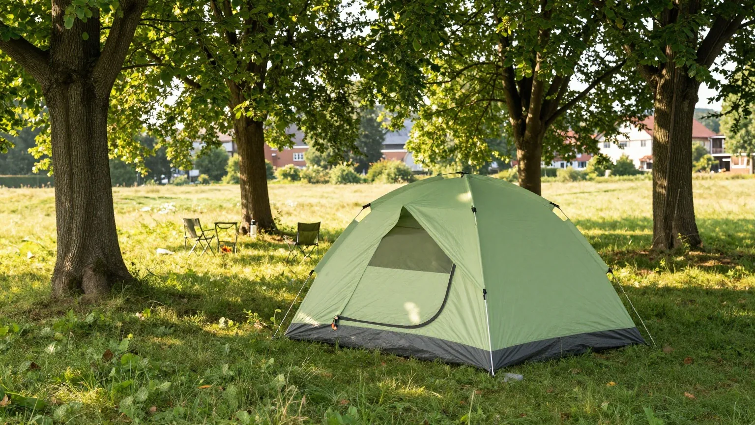 Ein hellgrünes Kuppelzelt steht im Schatten hoher Buchen auf einer sonnigen Campingwiese, davor ein Klappstuhl und eine Wasserflasche