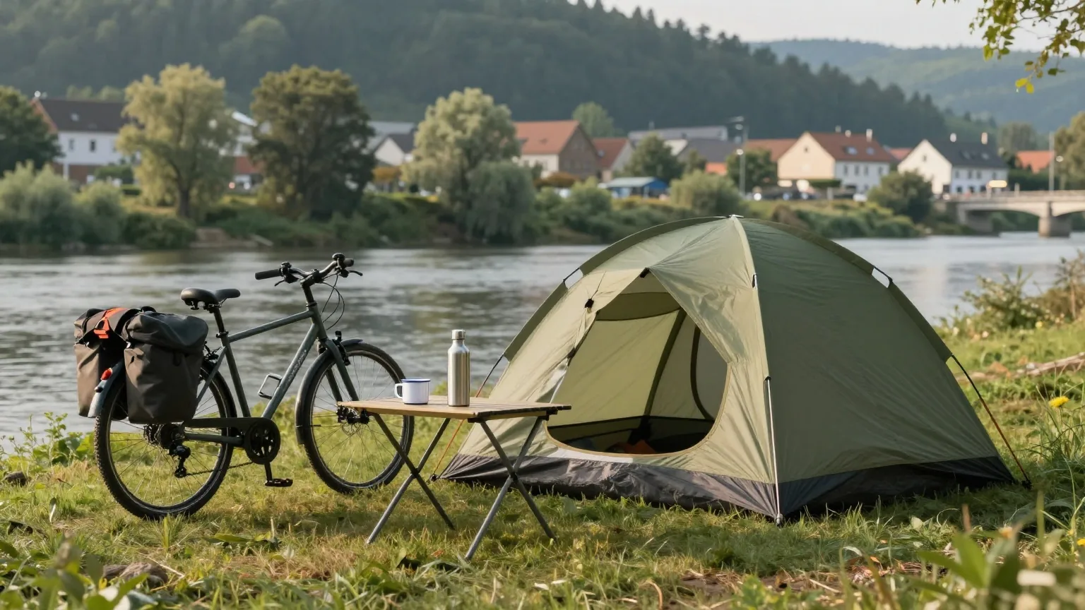 Ein kleines Zelt neben einem Fahrrad mit Packtaschen am Flussufer, auf dem Klapptisch stehen Trinkflasche und Emaillebecher