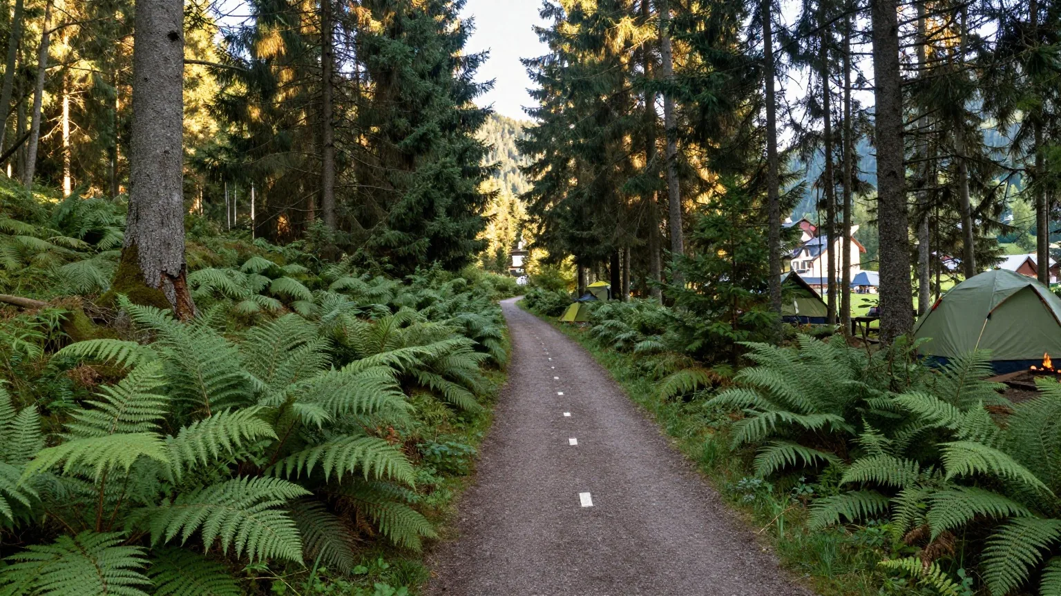 Ein schmaler Wanderweg führt durch einen ruhigen Fichten- und Buchenwald im Mittelgebirge, Morgenlicht fällt durch die Bäume