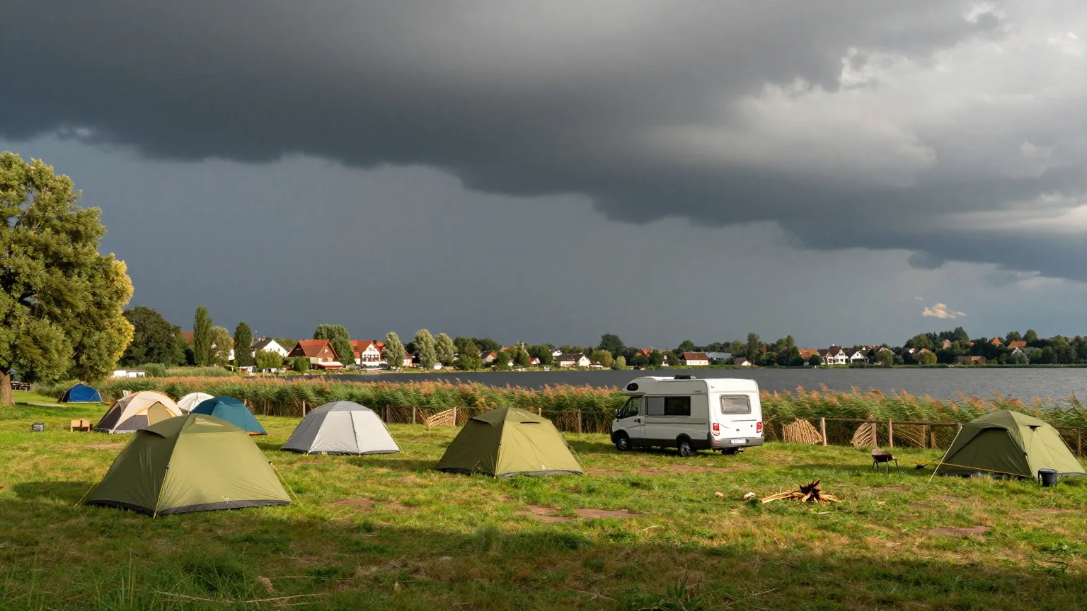 Dunkle Gewitterwolken ziehen über einem Campingplatz am See auf, Zelte und ein Wohnwagen stehen auf der Wiese