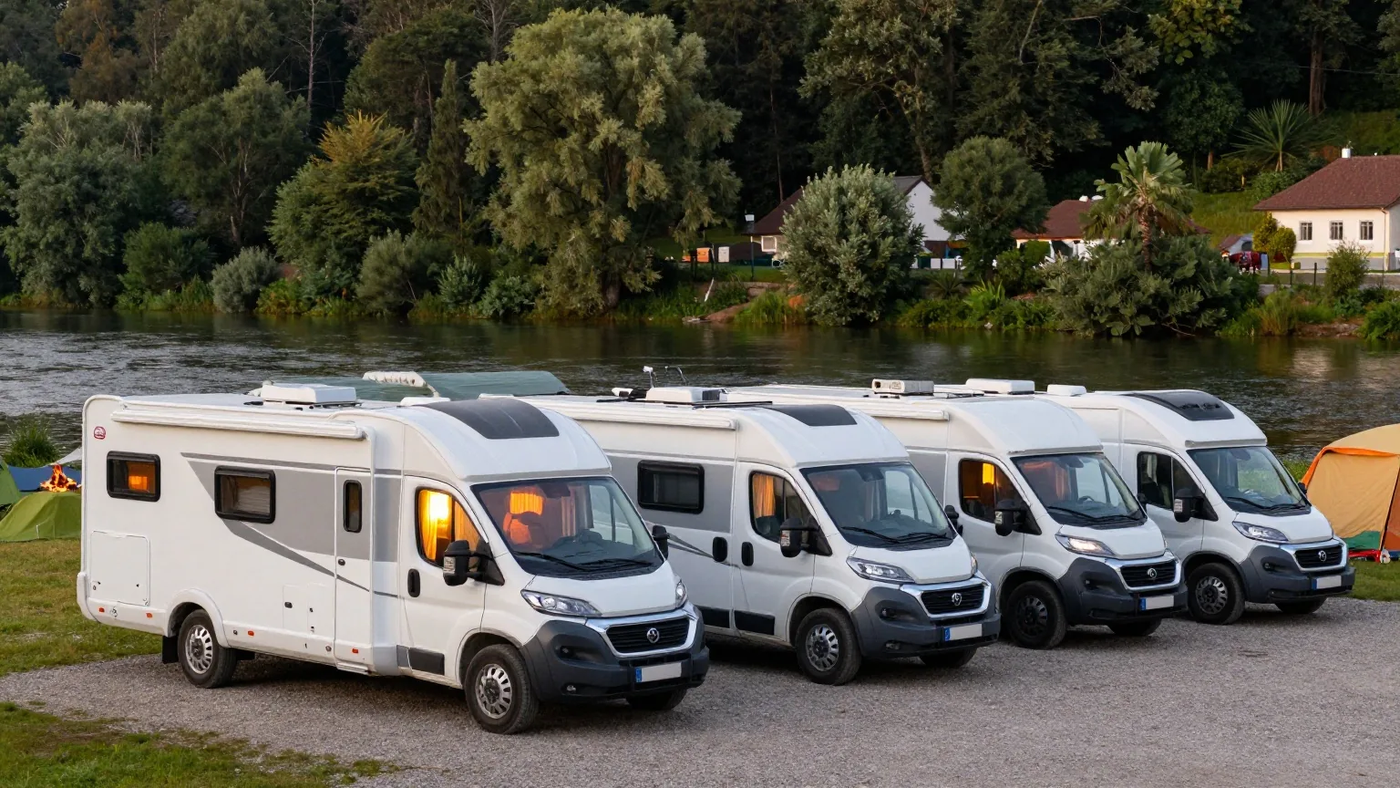 Mehrere weiße Wohnmobile stehen in gleicher Richtung auf einem Kiesplatz an einem ruhigen Fluss im Abendlicht